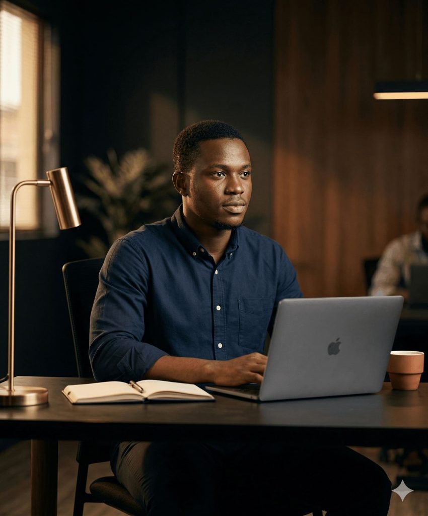 a man sitting with a laptop